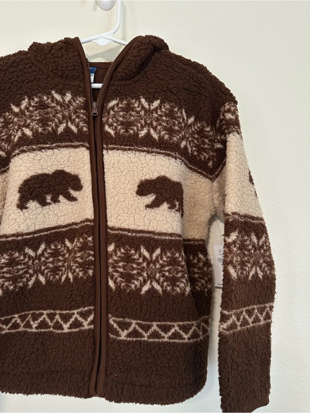 NWT Old Navy Kids' Brown & Cream Sherpa Bear Pattern Zip-Up Hoodie